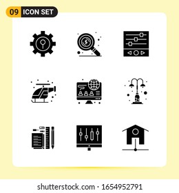 9 Iconos creativos para diseño de sitios web modernos y aplicaciones móviles sensibles. 9 Símbolos de glifo carteles de fondo blanco. Paquete de 9 iconos.