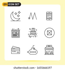 9 Iconos creativos para diseño de sitios web modernos y aplicaciones móviles sensibles. 9 Señales de símbolos de esquema en fondo blanco. Paquete de 9 iconos.