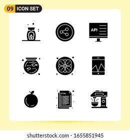 9 Iconos creativos para diseño de sitios web modernos y aplicaciones móviles sensibles. 9 Símbolos de glifo carteles de fondo blanco. Paquete de 9 iconos.
