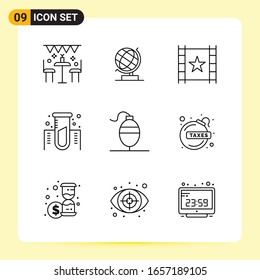 9 Iconos creativos para diseño de sitios web modernos y aplicaciones móviles sensibles. 9 Señales de símbolos de esquema en fondo blanco. Paquete de 9 iconos.
