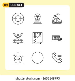 9 Creative Icons for Modern website design and responsive mobile apps. 9 Outline Symbols Signs on White Background. 9 Icon Pack.