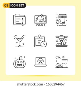 9 Creative Icons for Modern website design and responsive mobile apps. 9 Outline Symbols Signs on White Background. 9 Icon Pack.