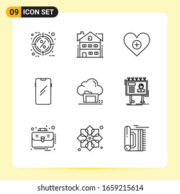 9 Iconos creativos para diseño de sitios web modernos y aplicaciones móviles sensibles. 9 Señales de símbolos de esquema en fondo blanco. Paquete de 9 iconos.