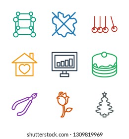 9 creative icons. Trendy creative icons white background. Included outline icons such as Christmas tree, rose, woman in spa, cake, signal, home with heart. creative icon for web and mobile.