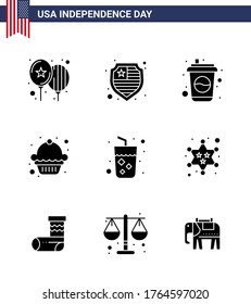 9 Creative USA Icons Modern Independence Signs and 4th July Symbols of wine; drink; cola; alcohol; dessert Editable USA Day Vector Design Elements