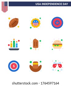 9 Creative USA Icons Modern Independence Signs and 4th July Symbols of cream; ice cream; holiday; light; candle Editable USA Day Vector Design Elements