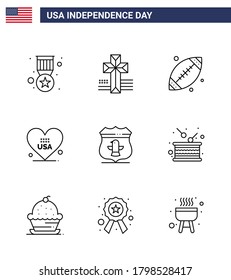 9 Creative USA Icons Modern Independence Signs and 4th July Symbols of american; sheild; footbal; usa; love Editable USA Day Vector Design Elements