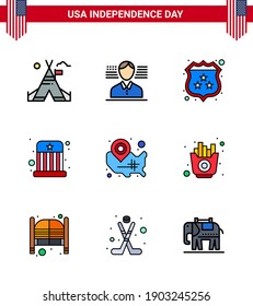 9 Creative USA Icons Modern Independence Signs and 4th July Symbols of usa; map; security; hat; entertainment Editable USA Day Vector Design Elements