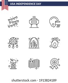 9 Creative USA Icons Modern Independence Signs and 4th July Symbols of landmark; building; football; arch; dream catcher Editable USA Day Vector Design Elements