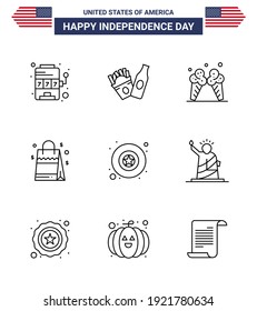 9 Creative USA Icons Modern Independence Signs and 4th July Symbols of star; badge; ice; american; handbag Editable USA Day Vector Design Elements