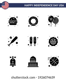9 Creative USA Icons Modern Independence Signs and 4th July Symbols of security; food; day; hot dog; hardball Editable USA Day Vector Design Elements