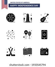 9 Creative USA Icons Modern Independence Signs and 4th July Symbols of balloons; american; washington; fire; american Editable USA Day Vector Design Elements