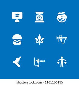 9 criminal icons in vector set. gun, bazooka, detective and drug illustration for web and graphic design