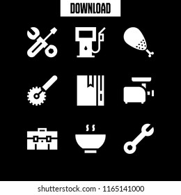 9 cuisine vector icon set with tools and utensils, chicken leg, pizza cutter and recipe icons for mobile and web