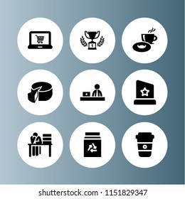 9 cup icons in vector set. desk, breakfast, coffee and first prize trophy illustration for web and graphic design