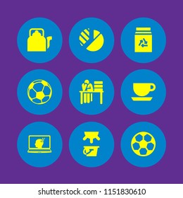 9 cup icons in vector set. desk, laptop, pie chart and milk illustration for web and graphic design