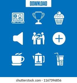 9 cup vector icon set with plus, employment mug, coffee pot and laptop icons for mobile and web