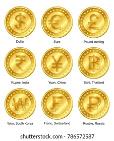 9 currencies gold coin with stars. Dollar, Euro, Pound Sterling, Indian Rupee, Yan, Yen, Thailand Baht, South Korea Won, Swiss Franc, Rouble, ruble. Vector illustration. Editable, glare. Casino. EPS10