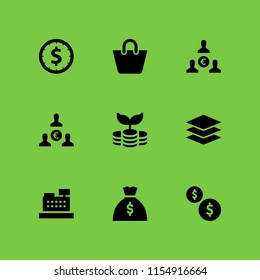 9 currency icons in vector set. cash, coin, money and investment illustration for web and graphic design