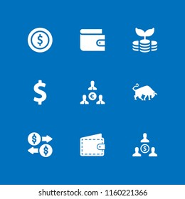 9 currency icons in vector set. dollar symbol, investment, euro and coin illustration for web and graphic design