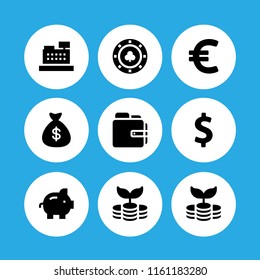 9 currency icons in vector set. wallet, money, coin and money bag with dollar symbol illustration for web and graphic design