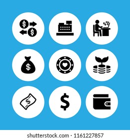 9 currency icons in vector set. banknote, money bag with dollar symbol, dollar symbol and investment illustration for web and graphic design