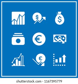 9 currency vector icon set with line chart, coin, money and euro icons for mobile and web