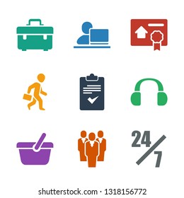9 customer icons. Trendy customer icons white background. Included filled icons such as hours support, group, shopping bag, headset, clipboard. customer icon for web and mobile.