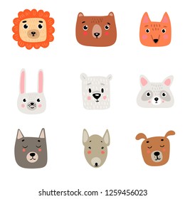 9 cute animal heads: lion, bear, Fox, hare, polar white bear, raccoon, wolf, pit bull, dog