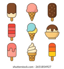 9 bonitinho sorvete de desenho animado trata em uma grade 3x3: barra de chocolate, cone rosa, barra de nozes, picolé vermelho, cone de colher duplo, tigela de sundae, picolé rosa, cone de servir macio, e um laranja-amarelo