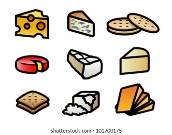 9 Cute And Colorful Cartoon Cheese And Cracker Illustrations. Eps 10 Vector.