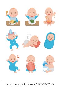 9 cute happy babies and their daily routines, set. Baby diapers, fever babies, sleeping babies, baby noodles, cartoon vector illustrations isolated