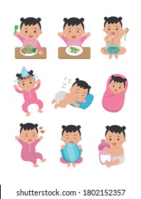 9 cute happy babies and their daily routines, set. Baby diapers, fever babies, sleeping babies, baby noodles, cartoon vector illustrations isolated