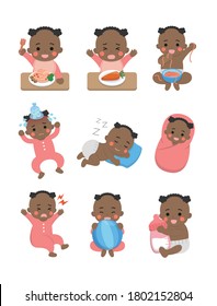 9 cute happy babies and their daily routines, set. Baby diapers, fever babies, sleeping babies, baby noodles, cartoon vector illustrations isolated