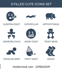9 cute icons. Trendy cute icons white background. Included filled icons such as sleeping emot, caterpillar, hippopotamus, newborn child, angry emot. cute icon for web and mobile.