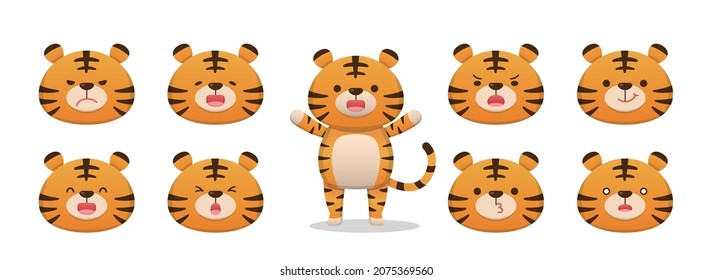 9 cute tiger characters with emoticons, characters, mascots, cartoon characters, comic characters, vector set