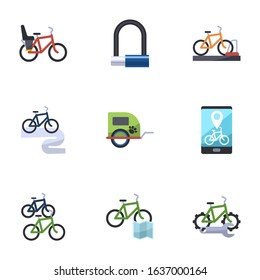 9 cycle flat icons set isolated on white background. Icons set with Bike Child seat, Bike padlock, bicycle parking, Bike tour, pet trailer, rental app, station icons.