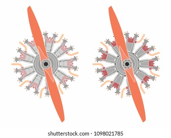 9 cylinder radial engine colored. Without outline.
