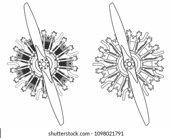 9 cylinder radial engine colored. Outline only.