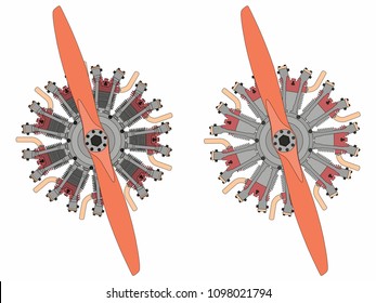 9 cylinder radial engine colored. Black outline.