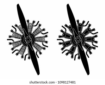 9 cylinder radial engine colored. Black fill only.