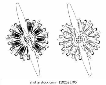 9 cylinder radial engine colored. Different outline like a brushstrokes.