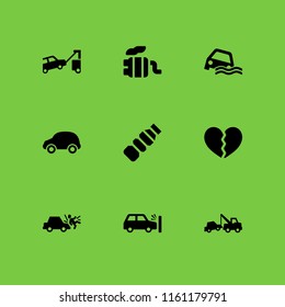 9 damage icons in vector set. crash, small car, plastic and accident illustration for web and graphic design