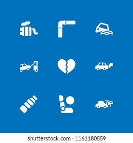 9 damage icons in vector set. exhaust pipe, broken, flood and airbag illustration for web and graphic design