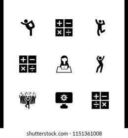 9 dance icons in vector set. man dancing, man in a party dancing with people, ballet and girl illustration for web and graphic design