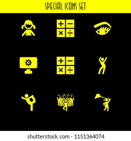 9 dance icons in vector set. sings, shapes and symbols, ballet and girl illustration for web and graphic design