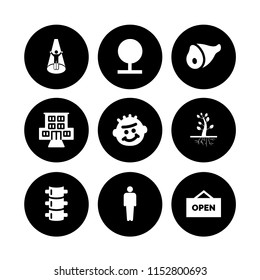 9 dark icons in vector set. meat, cheeky, open and motel illustration for web and graphic design