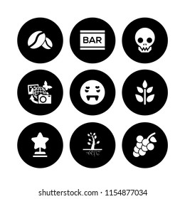 9 dark icons in vector set. bar, vampire, grape and human skull illustration for web and graphic design