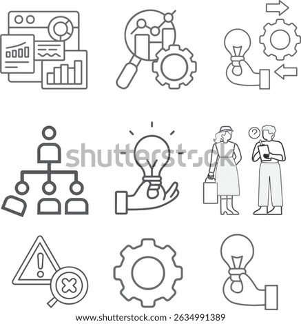 9 Data Analysis Icons Set With Editable Stroke, This Set Include Teamwork, Data Gathering, Database, Setting, and Analytics icons.