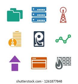 9 data icons. Trendy data icons white background. Included filled icons such as brick wall fire, browser, arrow up, graph, hard disc, disc, signal. data icon for web and mobile.